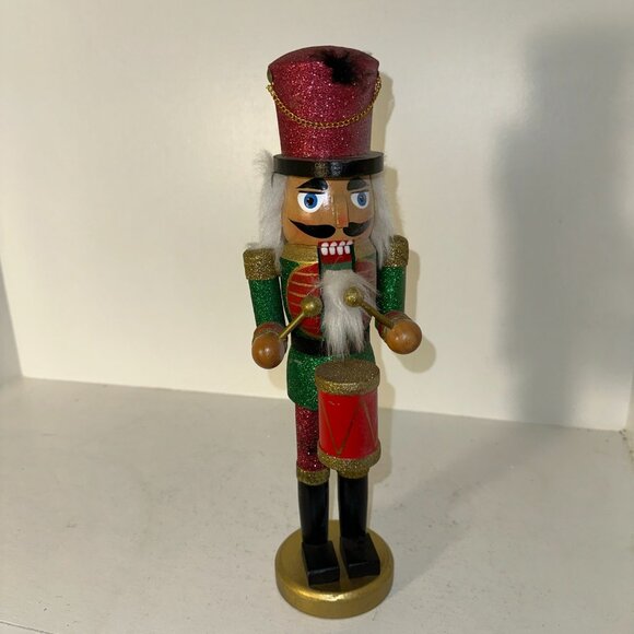 Handcrafted Wooden Nutcracker Drummer Figurine With Red & Green Glitter Accents - Picture 5 of 5